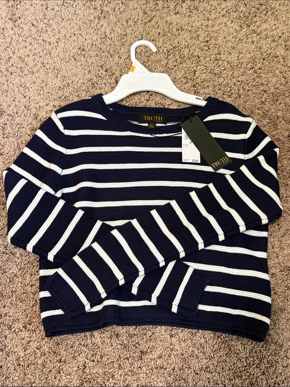 Truth Navy & White Striped Crew Neck Sweater (size small)